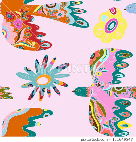 Whimsical folk art. A seamless pattern in a naive, fairytale style with a rich color palette, rustic comfort, holiday spirit, and nature. Easter motifs. 131649547