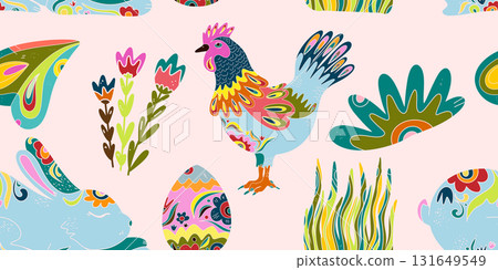 Whimsical folk art. A seamless pattern in a naive, fairytale style with a rich color palette, rustic comfort, holiday spirit, and nature. Easter motifs. 131649549