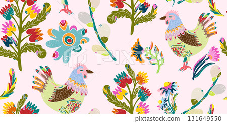 Whimsical folk art. A seamless pattern in a naive, fairytale style with a rich color palette, rustic comfort, holiday spirit, and nature. Easter motifs. Whimsical folk art. A seamless pattern in a naive, fairytale style with a rich color palette, rustic comfort, holiday spirit, and nature. Easter motifs. 131649550