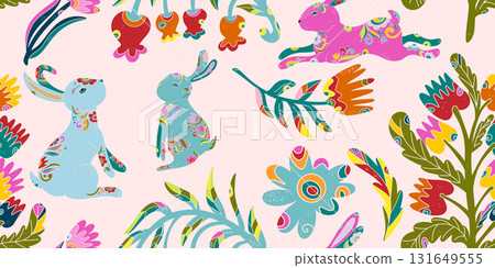 Whimsical folk art. A seamless pattern in a naive, fairytale style with a rich color palette, rustic comfort, holiday spirit, and nature. Easter motifs. 131649555