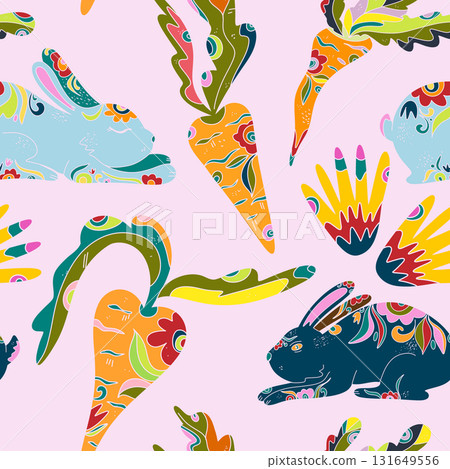 Whimsical folk art. A seamless pattern in a naive, fairytale style with a rich color palette, rustic comfort, holiday spirit, and nature. Easter motifs. Whimsical folk art. A seamless pattern in a naive, fairytale style with a rich color palette, rustic comfort, holiday spirit, and nature. Easter motifs. 131649556
