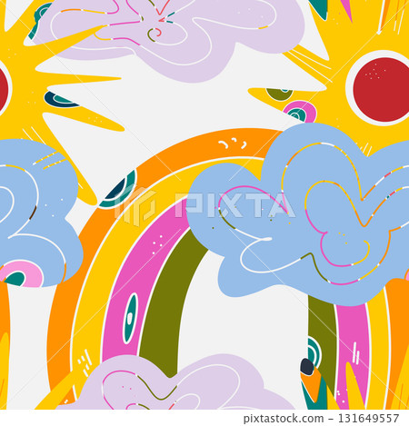 Whimsical folk art. A seamless pattern in a naive, fairytale style with a rich color palette, rustic comfort, holiday spirit, and nature. Easter motifs. 131649557