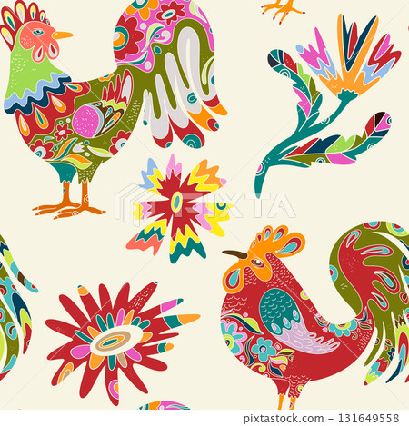 Whimsical folk art. A seamless pattern in a naive, fairytale style with a rich color palette, rustic comfort, holiday spirit, and nature. Easter motifs. 131649558