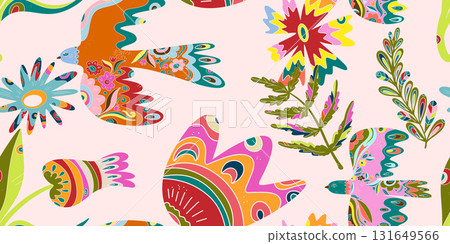 Whimsical folk art. A seamless pattern in a naive, fairytale style with a rich color palette, rustic comfort, holiday spirit, and nature. Easter motifs. 131649566
