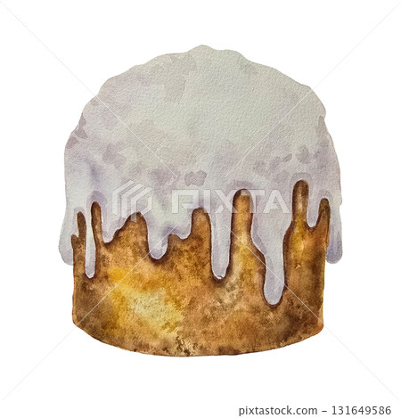 Watercolor illustration traditional Italian panettone cake with white sugar glaze on top. for Christmas food packaging holiday cards menu design bakery branding and festive culinary projects. 131649586