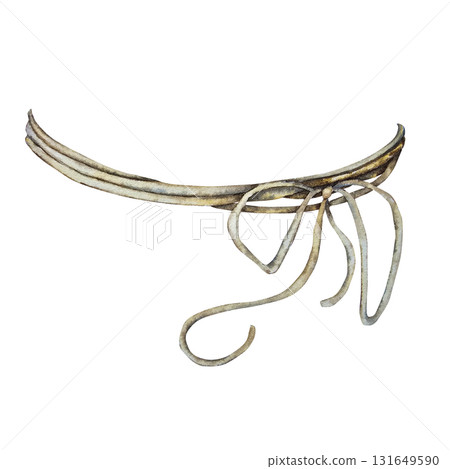 Watercolor illustration of a beige string tied in a delicate bow. Suitable for Christmas packaging, gift wrapping, labels, bakery branding, greeting cards, and festive compositions. 131649590