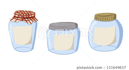 Hand drawn illustration of three empty glass jars with different lids and blank labels, isolated on white background. Concept of storage, kitchen organization and homemade preserves Hand drawn illustration of three empty glass jars with different lids and blank labels, isolated on white background. Concept of storage, kitchen organization and homemade preserves 131649637