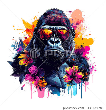 A cool gorilla wearing sunglasses, adorned with floral and paint splash elements for a vibrant, modern, urban look. Wild Animals. A cool gorilla wearing sunglasses, adorned with floral and paint splash elements for a vibrant, modern, urban look. Wild Animals. 131649783