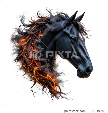 A striking illustration of a powerful black horse head with its mane and forelock morphing into smoke and fire/orange flames. 131649785