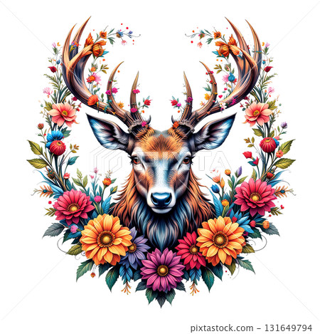 Detailed illustration of a majestic stag or deer head with large antlers, framed by a wreath of vibrant flowers. wild animals. 131649794