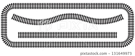 Set of railroad elements top view. Train track straight and waved path, rectangle frame isolated on white background. Fence or ladder textures. Vector graphic illustration 131649973