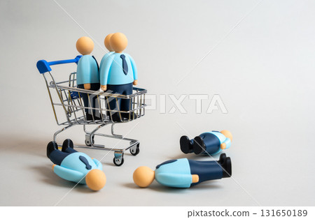 Office workers in a shopping cart. Outsourcing, temporary workers, and replacement agencies. Concept of human resource management, labor market flexibility, and modern employment trends. Office workers in a shopping cart. Outsourcing, temporary workers, and replacement agencies. Concept of human resource management, labor market flexibility, and modern employment trends. 131650189