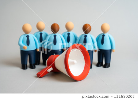 Office workers and a megaphone. Become part of a business team. Recruitment. Concept of HR communication, teamwork, motivation, and corporate culture. 131650205
