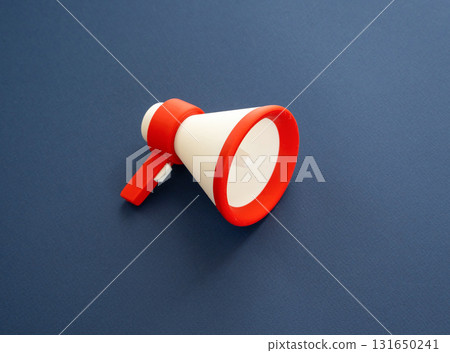 Red megaphone. Advertising and marketing. Share news or events. Public events, rallies. Topics on promotion, media engagement, political campaigns, and public influence. 131650241