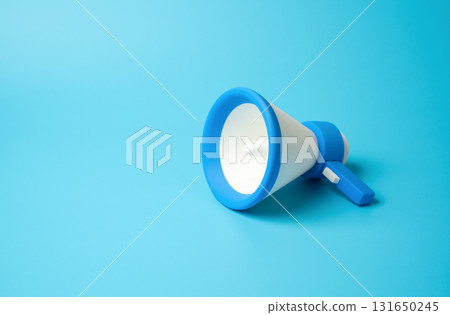 Blue megaphone. News and events. Calls for rallies, public dissemination of information. General dissemination. Concept of communication, influence, and social movements. Activism, public relations Blue megaphone. News and events. Calls for rallies, public dissemination of information. General dissemination. Concept of communication, influence, and social movements. Activism, public relations 131650245