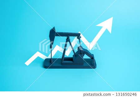 Oil well pump and upward arrow. Growth in oil production and petroleum product manufacturing. Increase in service costs and oil production costs. Energy market expansion, rising fuel demand Oil well pump and upward arrow. Growth in oil production and petroleum product manufacturing. Increase in service costs and oil production costs. Energy market expansion, rising fuel demand 131650246