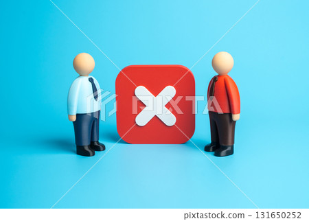 Negotiators failed to reach a consensus. No contract was signed. Contract terminated, relationship ended. Dismissal. Partnership dissolved. Useful for conflict, business risks, and diplomacy. 131650252