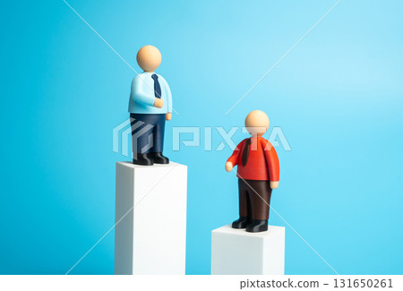 Two office workers on pillars of different heights. They have different incomes, skill levels, and success. Competition and rivalry. Concept of inequality, , personal growth, leadership development. Two office workers on pillars of different heights. They have different incomes, skill levels, and success. Competition and rivalry. Concept of inequality, , personal growth, leadership development. 131650261