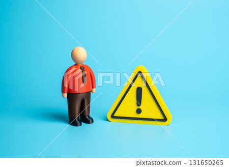 Red office employee and sign of attention. Issuing a warning. Violation of discipline. Labor shortage. Concept for HR control, corporate ethics, and workplace problems. Red office employee and sign of attention. Issuing a warning. Violation of discipline. Labor shortage. Concept for HR control, corporate ethics, and workplace problems. 131650265