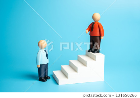 The red businessman challenges the blue one. Career advancement. Hiring subordinates and finding a replacement. Concept of rivalry, leadership competition, and staff development in corporate hierarchy 131650266