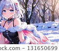 Beautiful girl illustration, off-the-shoulder, white hair, snow scene 131650699