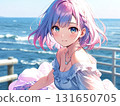 Beautiful girl illustration, off-the-shoulder, pink-blue hair 131650705