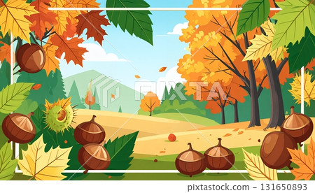 Autumn scenery decorated with chestnuts and colorful fallen leaves 131650893