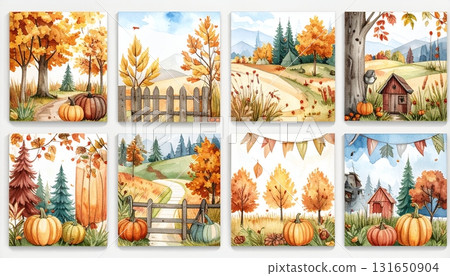 南瓜與秋季鄉村風景水彩插圖集 131650904