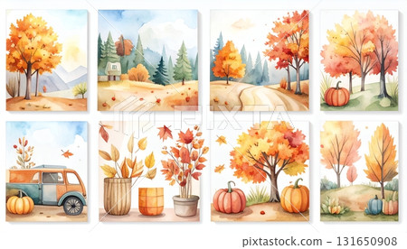 一組秋天的樹木、南瓜和秋季室內裝飾的水彩插圖 一組秋天的樹木、南瓜和秋季室內裝飾的水彩插圖 131650908