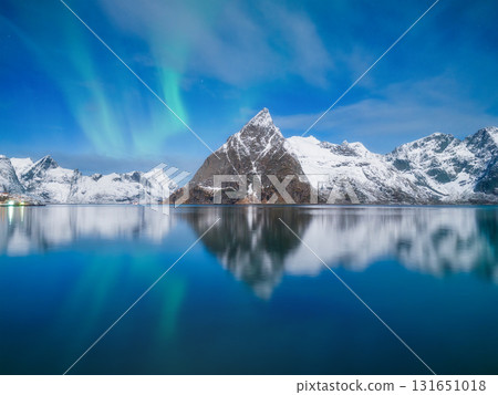 Aurora Borealis in Scandinavia. Norway, Lofoten islands. Northern lights over the mountains. Aurora Borealis in Scandinavia. Norway, Lofoten islands. Northern lights over the mountains. 131651018