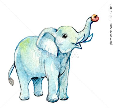 手繪水彩可愛的大象拿著蘋果 131651043