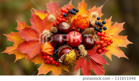 Autumn bouquet with maple leaves, apples, rose hips, chestnuts, and physalis for a harvest festival theme. 131651048