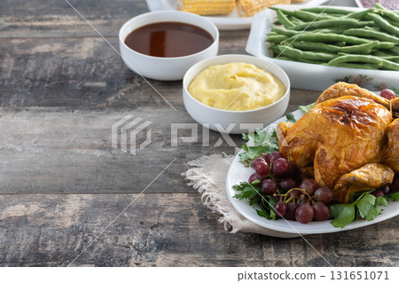 Thanksgiving rdinner on rustic wooden table 131651071