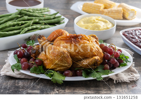 Thanksgiving rdinner on rustic wooden table 131651258
