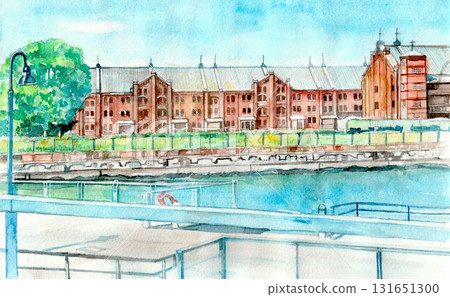 Watercolor painting of a red brick warehouse 131651300