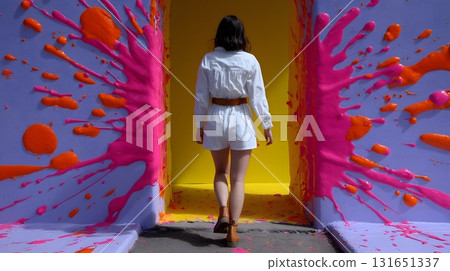 Woman stepping through a vibrant paint portal into a new dimension. 131651337