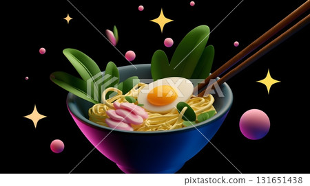 Floating ramen bowl with cosmic culinary art 131651438