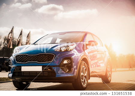 Blue Family business spotrs hatchback Car on sunset. Business success concept 131651538