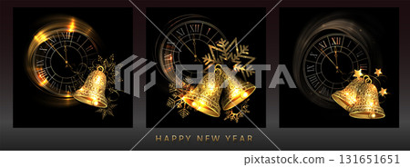 Merry Christmas. Gold textured clock with bells, isolated set 131651651