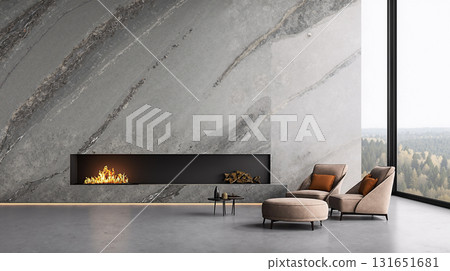 Modern minimalist living room with fireplace, elegant armchairs, and panoramic window view 131651681
