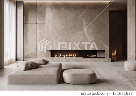 Minimalist modern living room with beige sofas and elegant marble fireplace in spacious open interior design 131651682