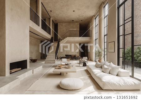 Spacious modern loft with minimalist design featuring expansive windows and elegant neutral tones in an open-concept living area Spacious modern loft with minimalist design featuring expansive windows and elegant neutral tones in an open-concept living area 131651692