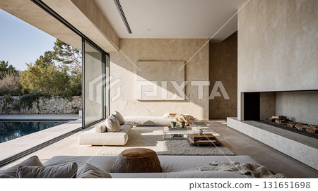 Contemporary minimalist living room with large windows and modern fireplace design 131651698
