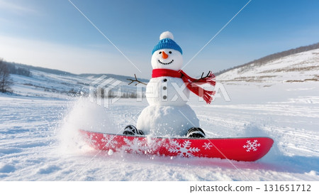 Funny happy snowman on snowboard enjoys winter ride in scenic mountain landscape, concept of Christmas holiday 131651712