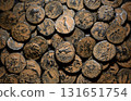 Ancient Greek coins of Seleucid Empire, top view of pile of bronze money, vintage background, concept of antique 131651754