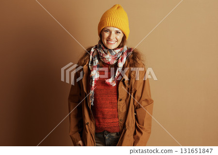 Woman in Red Sweater and Plaid Scarf 131651847