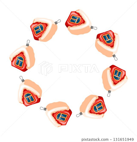 Festive wreath made of red house shaped for Christmas tree with snowy roof arranged in a circular pattern on a white background in cartoon style. 131651949