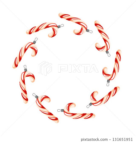 Festive wreath made of candy cane Christmas toy arranged in a circular shape on a white background for holiday decoration in cartoon style. Festive wreath made of candy cane Christmas toy arranged in a circular shape on a white background for holiday decoration in cartoon style. 131651951