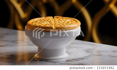 Whimsical pizza-shaped ceramic toilet in a luxurious bathroom 131651982