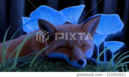 Sleeping fox surrounded by glowing blue mushrooms in a bioluminescent forest 131652011